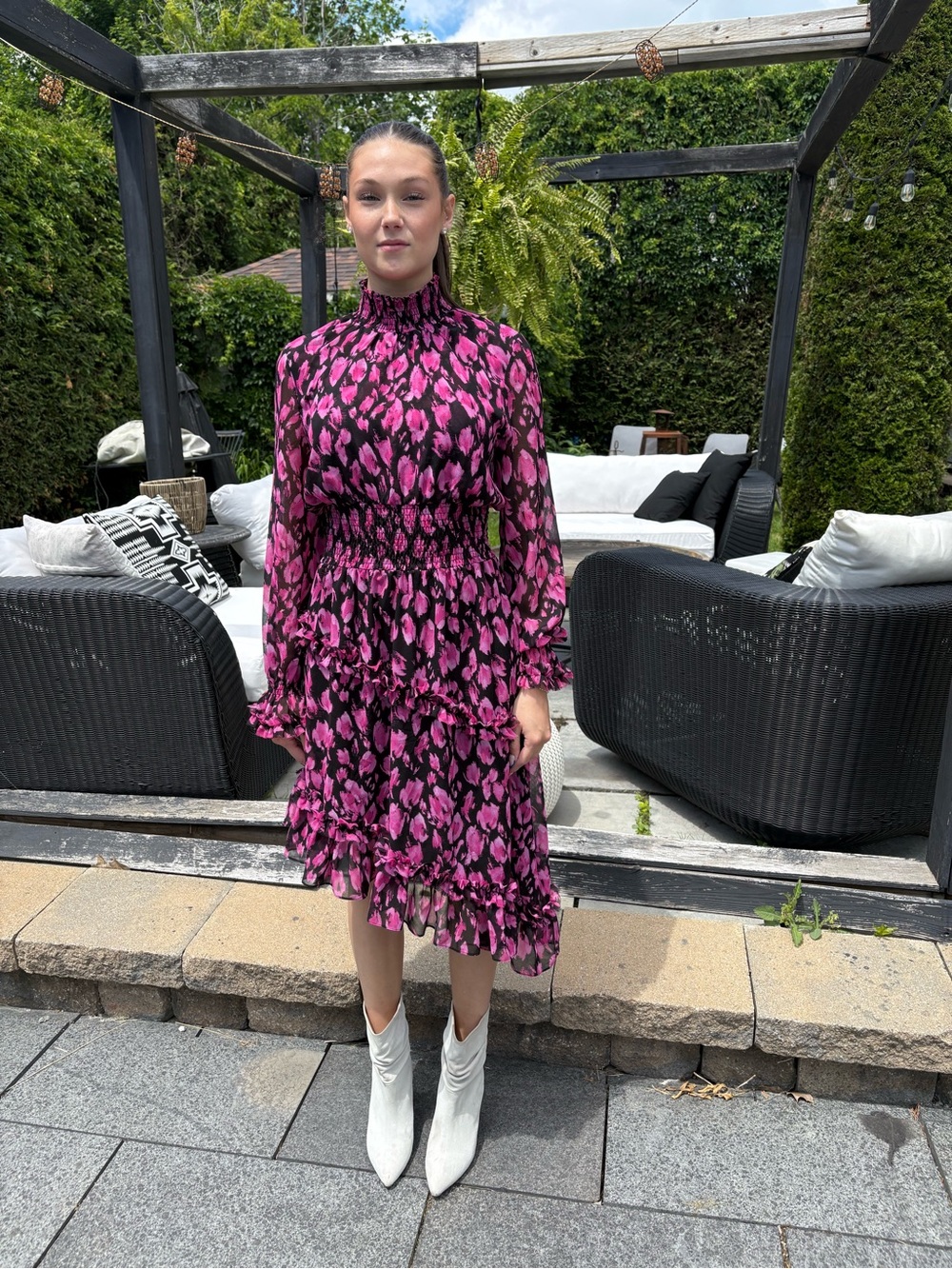Misa Los Angeles size M Fuchsia and Black High-Neck Ruffle Midi Dress